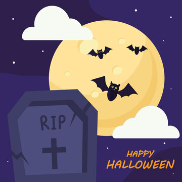 happy halloween with grave and bats design, holiday and scary theme Vector illustration