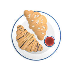 Vector illustration of an isolated white plate with two croissants (chocolate and almond) and berry jam. Top view.