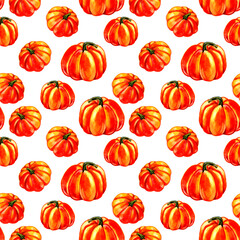 Halloween pumpkins seamless pattern. Watercolor illustration on white background.