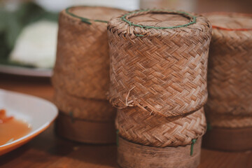 Thai sticky rice in a bamboo wooden old style box