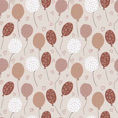 Beige and maroon little silhouttes seamless pattern. Love stylistic. Pastel background. Heart outline details.