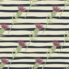 Seamless pattern with burdock hand drawn silhouettes. Green stems and purple buds elements on stripped background.