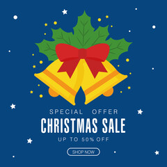 Naklejka premium christmas sale with bells and leaves design, offer shop now and ecommerce theme Vector illustration