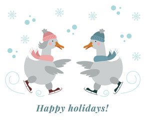 Vector illustration of the couple of cute geese in hats and scarves skating on the ice rink in the snowfall. Winter holiday celebration. 