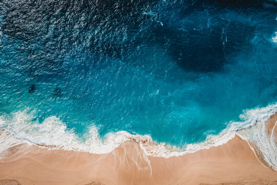 Wild beach, top view, waves