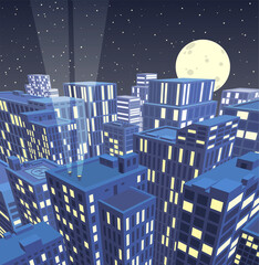 Night city in pespective with the full Moon