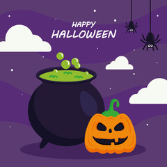Fototapeta premium happy halloween with pumpkin cartoon and witch bowl design, holiday and scary theme Vector illustration