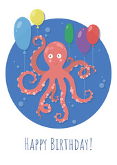 Vector image of an octopus with baloons on the blue background. Happy birthday greeting card.