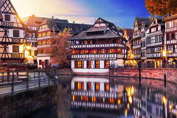 Traditional picturesque half-timbered houses in La Petite France, Strasbourg, Alsace, France at the evening