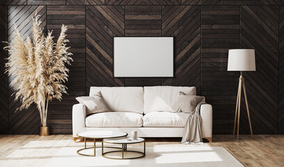 Blank picture frame in modern luxury living room interior with beige sofa and decorative wood wall panel with parquet floor, floor lamp, living room interior background mock up, 3d rendering 