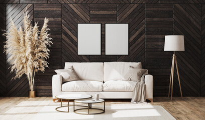 Blank poster frames in modern luxury living room interior with beige sofa and decorative wood wall panel with parquet floor, floor lamp, living room interior background mock up, 3d rendering 
