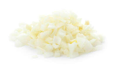 Pile of chopped onion on white background
