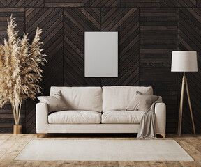 Blank poster frame in modern luxury living room interior with beige sofa and decorative wood wall panel with parquet floor, floor lamp, living room interior background mock up, 3d rendering 