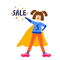 Funny smiling girl hold word "SALE". Full length character. Hand drawn banner design isolated on white background. Discount, special offer template. Super sale concept. Flat style vector illustration