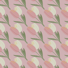 Pale pink tulip ornament seamless pattern. Doodle flowers with green stems stylized print.