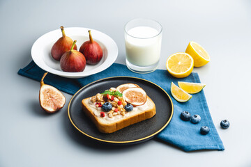 A western breakfast with figs and bread and milk