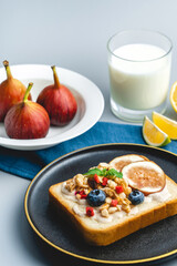 A western breakfast with figs and bread and milk