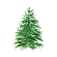 Fototapeta premium New Year and Christmas holiday tree winter green watercolor isolated object on white background illustration. For design and decoration of cards, invitations