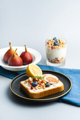 A western breakfast with figs and bread and milk