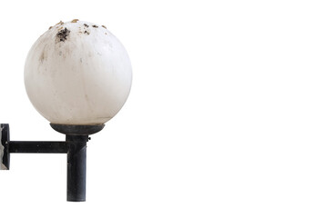 The white round lamp is old and dirty on the wall isolated on a white background , Ideal for use in the design