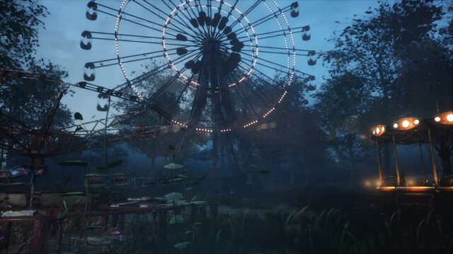 Abandoned Apocalyptic Ferris wheel and carousel in an amusement Park in a city deserted after the Apocalypse. The concept of a post-apocalyptic world after a nuclear war.
