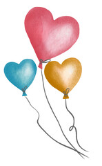 Watercolor hand drawn heart balloons isolated on the white background. 