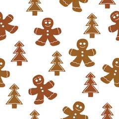 Christmas seamless pattern with colorful gingerbread men and Christmas trees on a white background