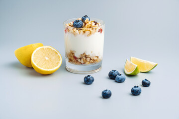 Western style nutritious and healthy breakfast with oatmeal yogurt