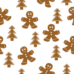 Christmas seamless pattern with gingerbread men and Christmas trees on a white background