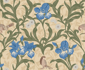Vintage floral seamless pattern with blue flowers and foliage on light background. Vector illustration. - 378365961