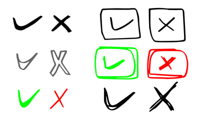 Hand drawn check signs on white background.