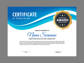 Abstract Stylish Certificate with Blue Wavy Element Design, Professional Modern Certificate with Golden Badge Sign Template Vector