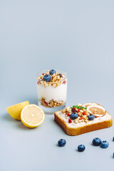 Western style nutritious and healthy breakfast with oatmeal yogurt