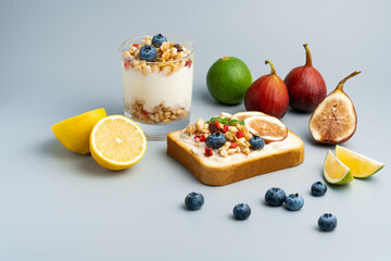 Western style nutritious and healthy breakfast with oatmeal yogurt