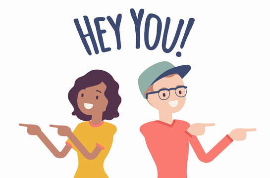 Hey you young people finger pointing to call, attract attention. Man, woman expressing interest, addressing in informal greeting to offer, provide information. Vector creative stylized illustration