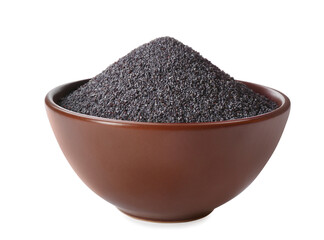 Poppy seeds in ceramic bowl isolated on white