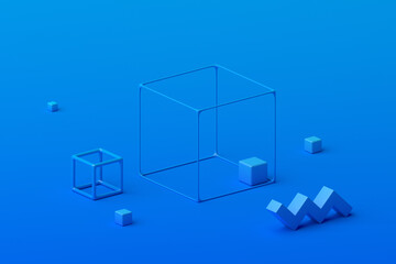 Abstract 3d render, geometric composition, blue background design with cubes