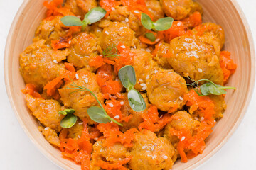 Vegan dish with micro greens and soy meat