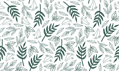 Fototapeta na wymiar Plant branches and leaves. Hand drawn doodle illustration. Seamless pattern with vector elements. Natural template for autumn design, print, greeting card, sticker pack