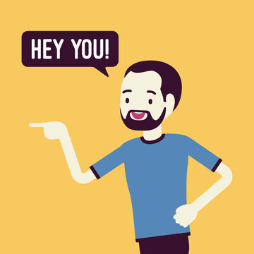 Hey you black man finger pointing to call, attract attention. Guy expressing interest, addressing in informal greeting to speak, offer, provide information. Vector creative stylized illustration
