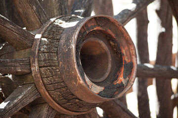 Old wooden wagon wheel