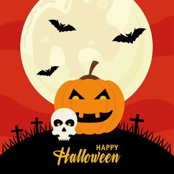 happy halloween with pumpkin and skull design, holiday and scary theme Vector illustration