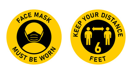 Naklejka premium Set of Circular Measure Warning Signs against the Spread of Coronavirus including Face Mask Must Be Worn and Keep Your Distance 6 Feet. Vector Image.