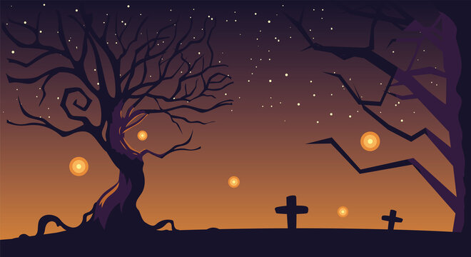 halloween background with cemetery and tombstones at night