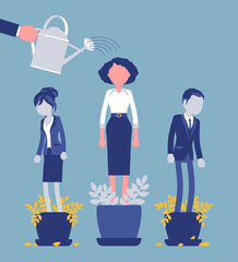 Growing female talent from favorite employee. Helping one person grow in plant pot watering to support, make strong, healthy, give professional growth, training. Vector creative stylized illustration