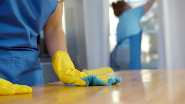 Person in gloves and apron polishing or wiping wooden table with woman cleaning window on background