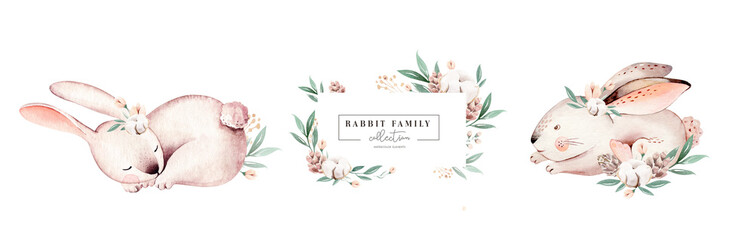 Watercolor Happy Easter baby bunnies design with spring blossom flower. Rabbit bunny kids illustration isolated. Hand drawn Easter cartoon forest hare animal bunny holiday . Nursery poster design.