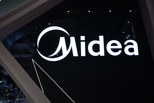midea logo at shanghai industrial fair  on September 16th, 2020 in shanghai china