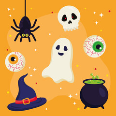 halloween ghost hat skull eyes spider and witch bowl design, happy holiday and scary theme Vector illustration