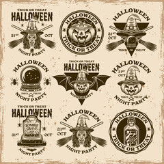 Halloween set of vector vintage emblems or badges